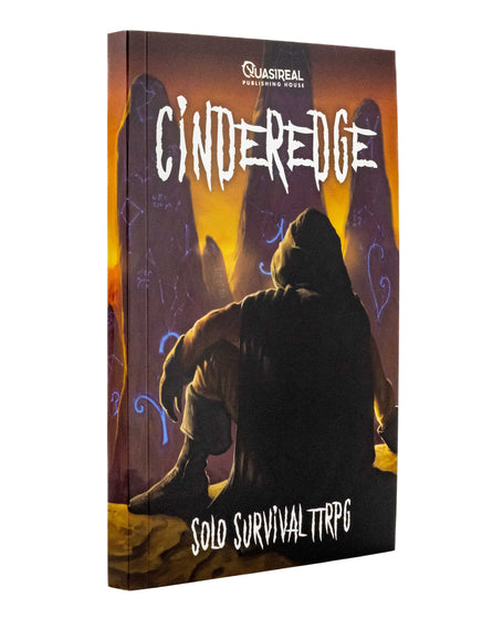 Cinderedge Solo Survival TRPG6 book cover shown at a three-quarter angle on a plain white background. The cover shows a dark fantasy illustration of a hooded figure in a valley at sunset