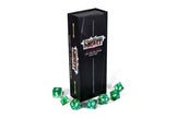 Dice set with green and white dice and a black box featuring 