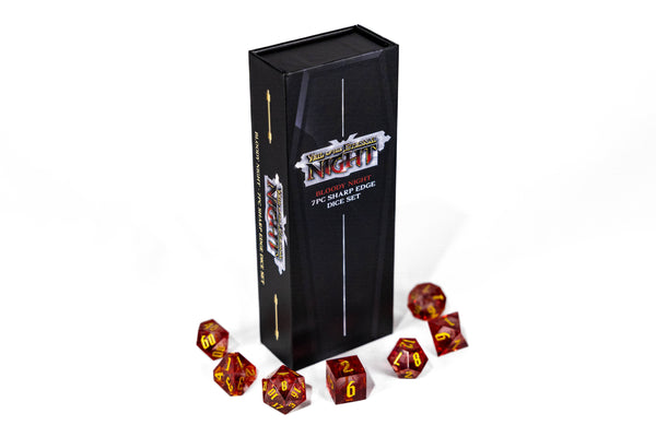 Glittery red dice set with yellow numbering and black box with 'Veil of the Eternal Night' branding