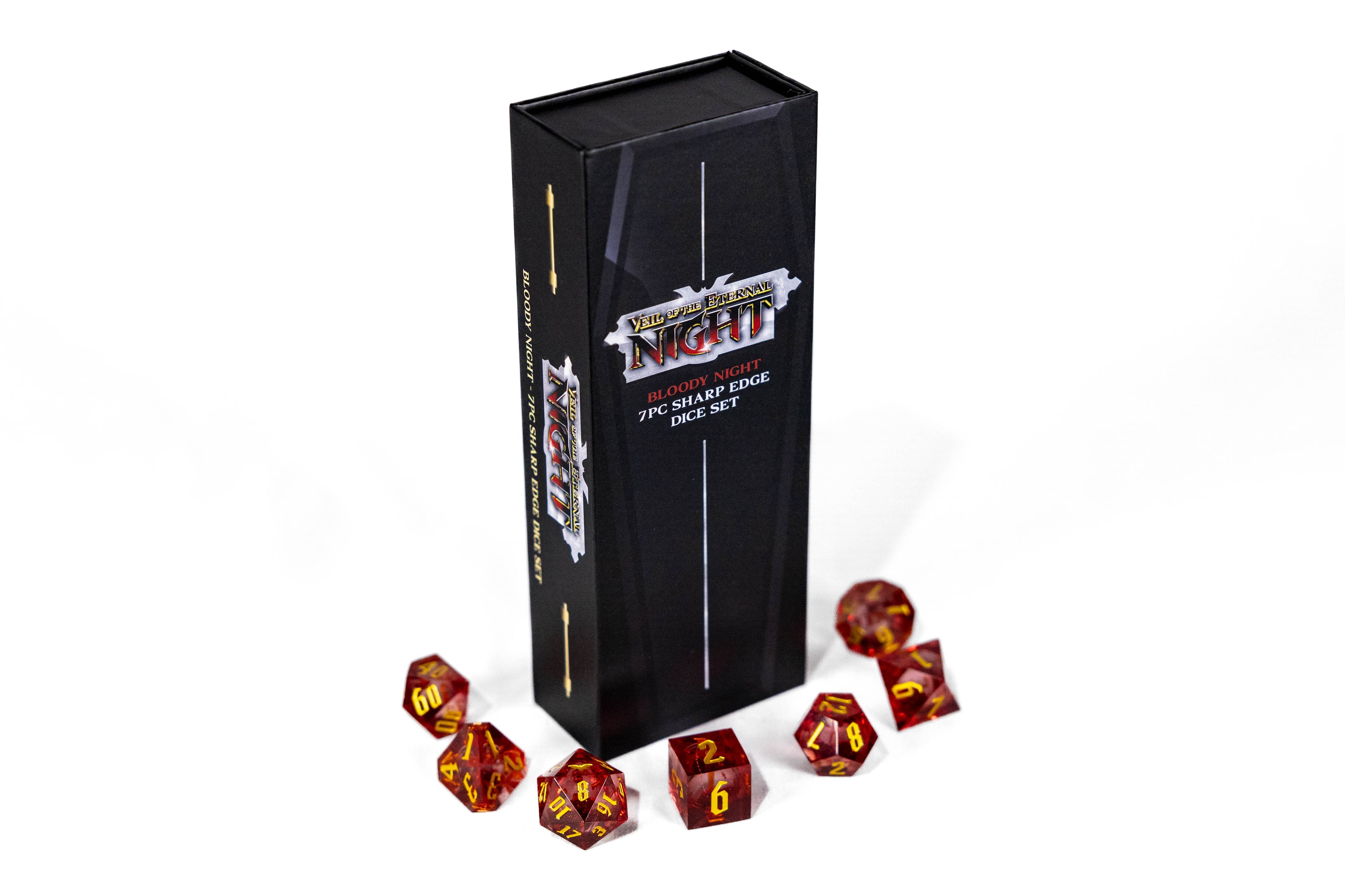 Glittery red dice set with yellow numbering and black box with 'Veil of the Eternal Night' branding