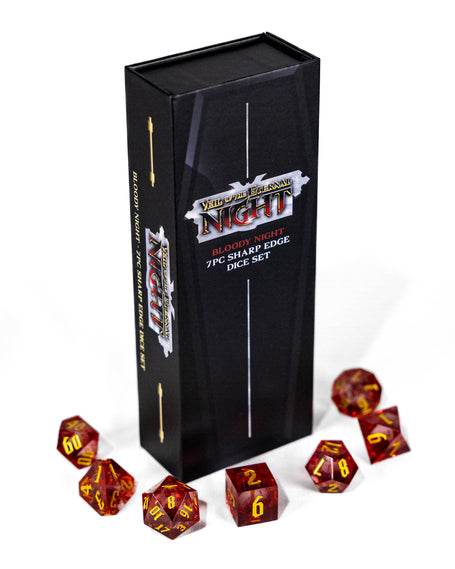 Glittery red dice set with yellow numbering and black box with 'Veil of the Eternal Night' branding