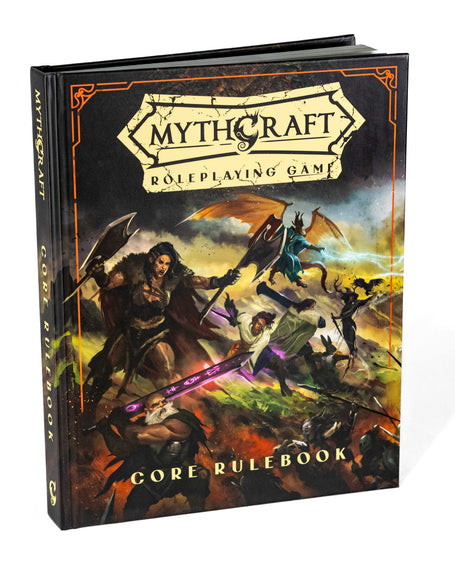 Hardcover book titled "Core Rulebook" with the 'MythCraft Roleplaying Game' logo and fantasy art on the cover against a white background.