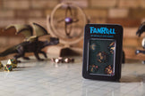 Tin with 'Fanroll' logo containing a red dice set on a background with gaming materials