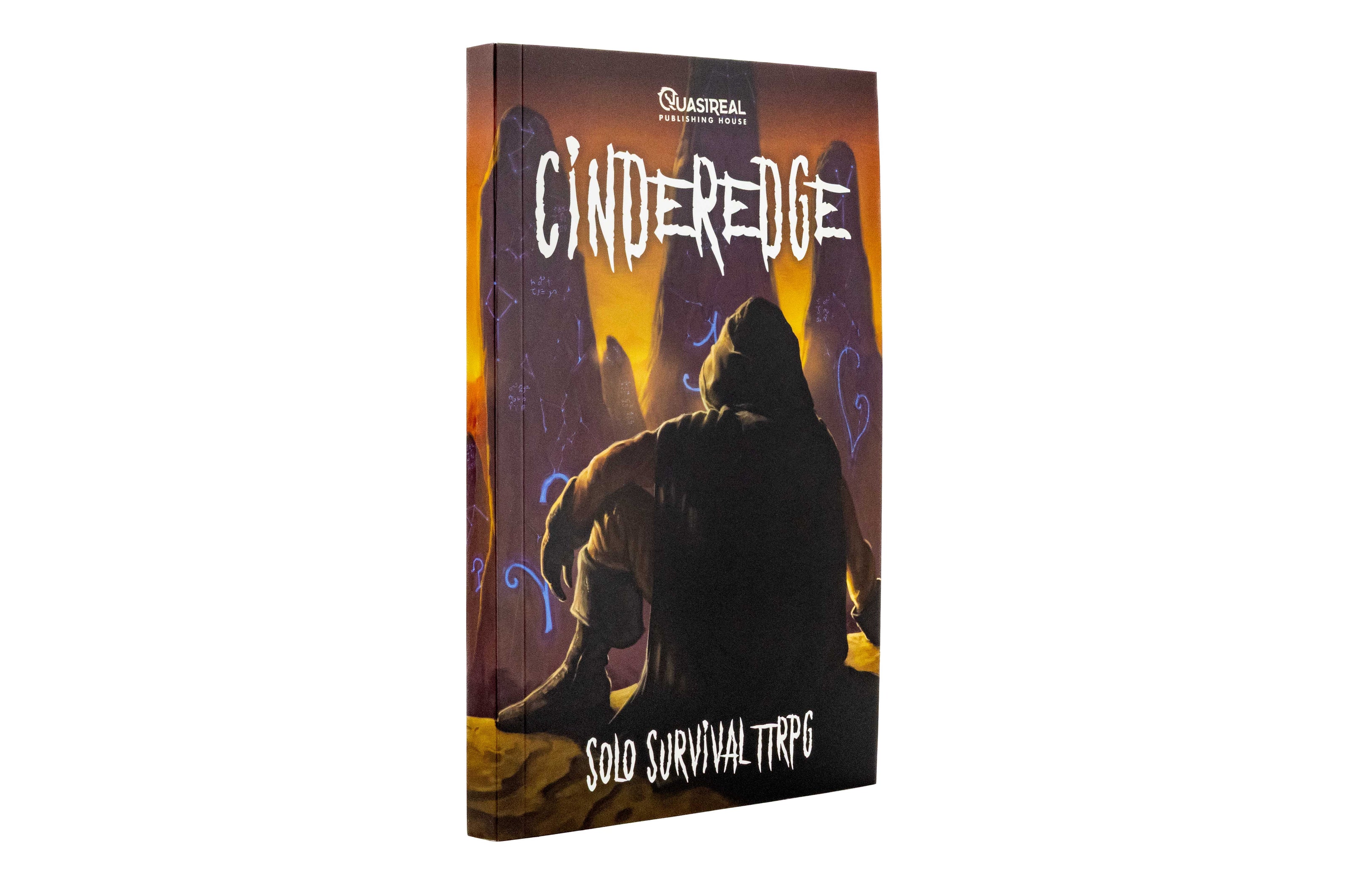 Cinderedge Solo Survival TRPG6 book cover shown at a three-quarter angle on a plain white background. The cover features a dark fantasy illustration of a hooded figure in a valley at sunset, with the title 'CINDEREDGE' at the top and 'SOLO SURVIVAL TTRPG' at the bottom.