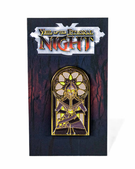 Stained glass style art pin of a fantasy plague doctor against a card that reads "Veil of the Eternal Night"