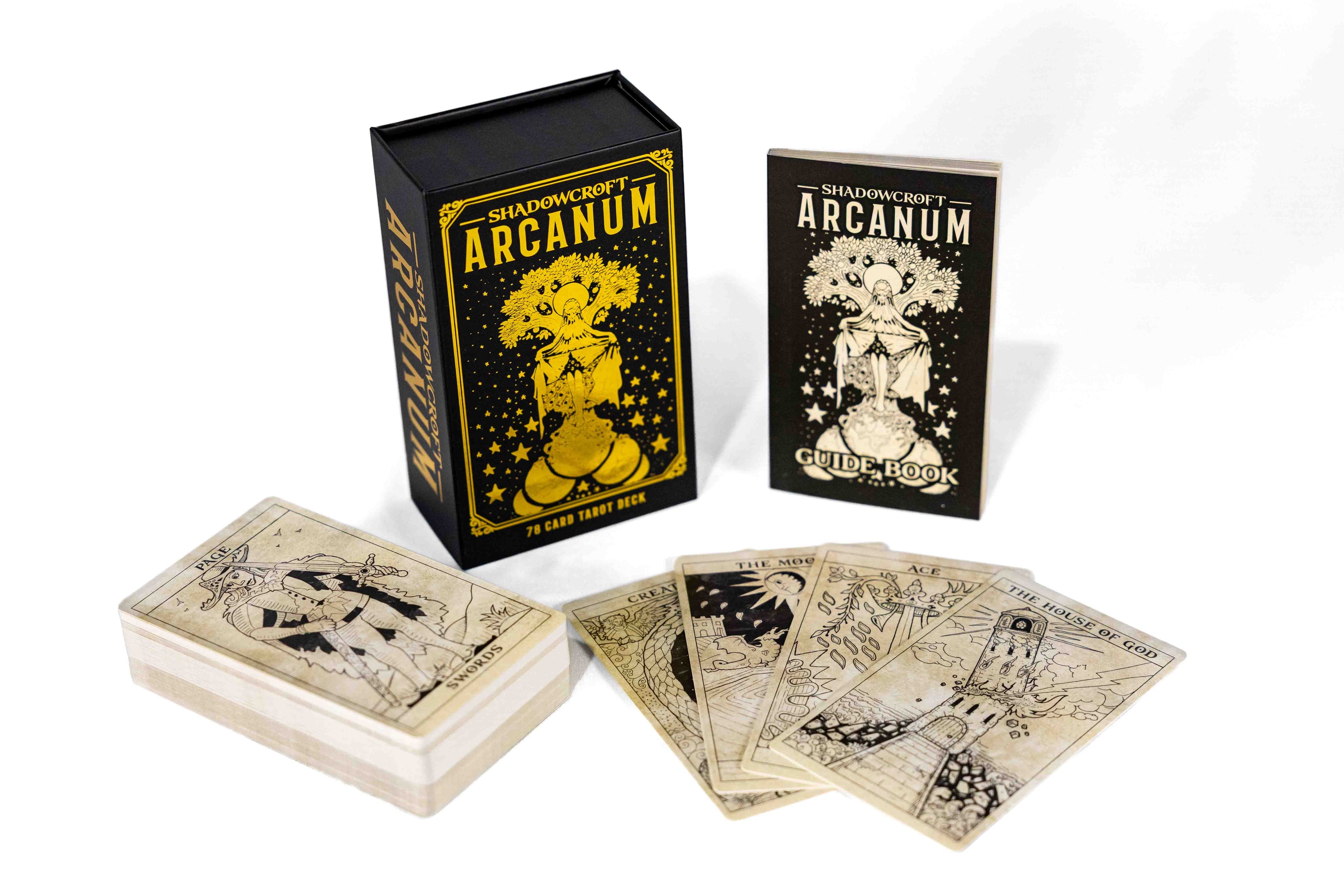 Illustrated tarot card deck with guide book and box both with 