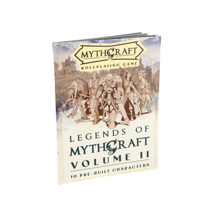Book titled 'Legends of Mythcraft Volume II' with character illustrations on a white background