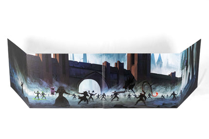 Folding privacy screen for TTRPG's with fantasy battle artwork from Veil of the Eternal Night across the front