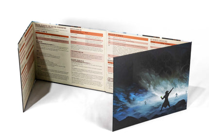 Folding privacy screen for TTRPG's with game rules printed on the interior and fantasy battle art from Veil of the Eternal Night on the exterior 